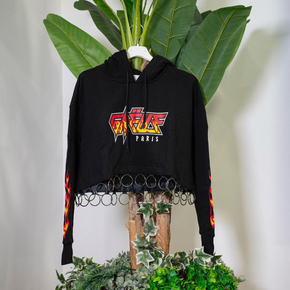 Gaelle Felpa Crop Nera in Fleece con anelli in metallo