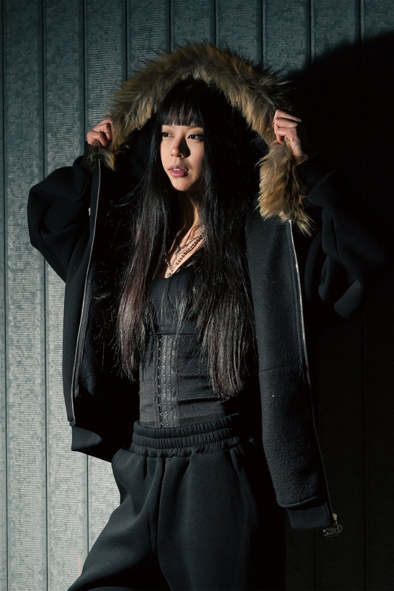 BASEDODICI FULL ZIP ''RUDE DIAMOND'' FAUX FUR SCRIPT BLACK - immagine 2